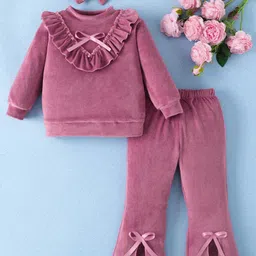 Mark & Mia Full Sleeves Tops & Lounge Pant Set with Headband Frill Detailing & Bow Applique - Plum-picture-15