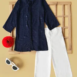 Bella Moda Cotton Woven Full Sleeves Sequins Embellished & Floral Embroidered Kurta Pyjama Set - Blue-image-83