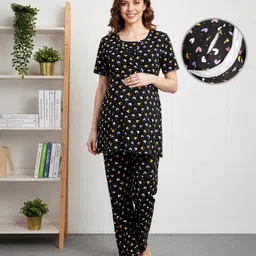 Bella Mama Cotton Knit Half Sleeves Co-ords Nursing Night Suit with Heart Print - Black image 1