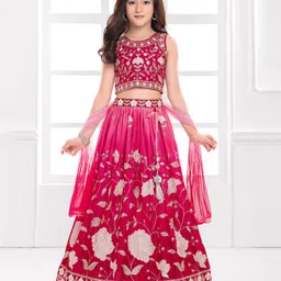 Ministitch Cotton Silk Woven Sleeveless Floral Embroidered & Sequins Embellished Lehenga Choli With Dupatta Set - Pink-picture-26
