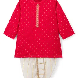 Babyhug Lurex Dobby Woven Full Sleeves Kurta Dhoti Set with Foil Print - Red-picture-35