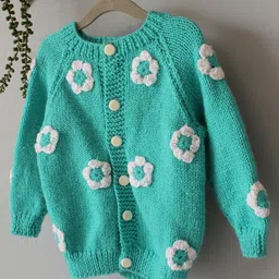 Woonie Hand Knit Full Sleeves Floral Applique Detailed Crochet Sweater - Blue-image-99