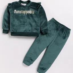 M'andy Velvet Knit Full Sleeves Unstoppable Text Foil Printed Winter Sweatshirt & Joggers Set - Green-picture-15