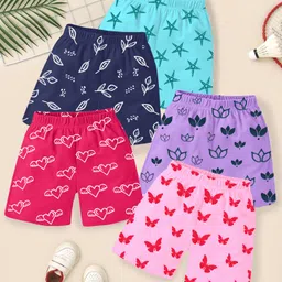 KUCHIPOO Cotton Pack Of 5 Floral & Butterfly Printed Shorts - Blue Pink Lilac Magenta & Navy Blue image 3