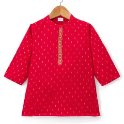 Babyhug Lurex Dobby Woven Full Sleeves Kurta Dhoti Set with Foil Print - Red image 2