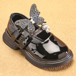 Oh! Pair Ballerina with Velcro Closure with Pearl & Stud Butterfly Applique - Black image 3
