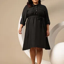 Sztori Plus Size Shirt Collar Belted A-Line Knee Length Dress image 2