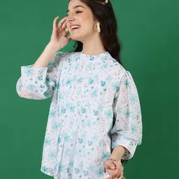 ISHTI Georgette Three Fourth Bishop Sleeves Floral Printed & Pleat Detailed Top - Sky Blue image 5
