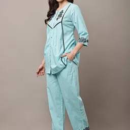 HERE&NOW Embroidered Pure Cotton Round Neck Top With palazzos Co-Ords image 2