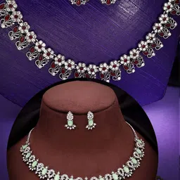 DIVASTRI Set Of 2 Silver-Plated American Diamond-Studded Jewellery Set-image-82