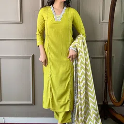 BAESD Women Ethnic Motifs Regular Thread Work Kurti with Trousers & With Dupatta image 1