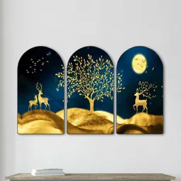 Myntra Elegant Homes Set Of 3 MDF Luxury Blue & Gold Tree Golden Deer Moonlight Wall Art image 2