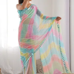 CaniBani Colourblocked Mirror Work Poly Georgette Saree image 2