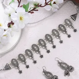 Sangria Silver-Plated Artificial Beaded Oxidized Choker Jewellery Set-picture-10