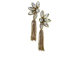 Dhivara Gold-Plated Crystals Studded Tasselled Contemporary Drop Earrings-image-6