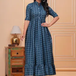 Machla Women Ethnic Motifs Printed Mandarin Collar Fit & Flare Maxi Dress-picture-36