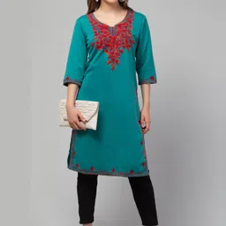 CROWN KING Embroidered Notch Neck Thread Work Straight Woollen Kurta image 4