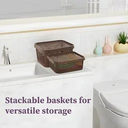 Myntra Elegant Homes Brown 3 Pieces Stackable Tote Basket Organisers With Lid image 4