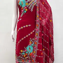 SAINOOR Floral Embroidered Thread Work Georgette Unstitched Dress Material image 2