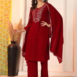 Moda Rapido Women Ethnic Motifs Embroidered Regular Thread Work Velvet Kurta with Trousers & With Dupatta-picture-10