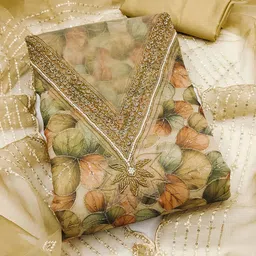 Maroosh Floral Embroidered Beads And Stones Organza Unstitched Dress Material-image-36