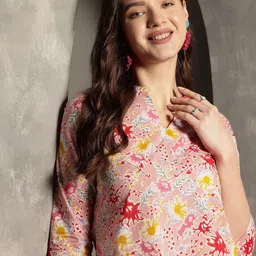 HERE&NOW Women Floral Printed Mandarin Collar Pure Cotton Regular Kurtis-picture-20