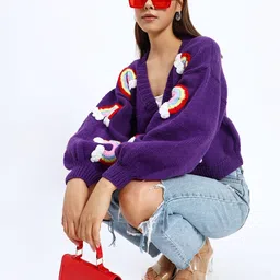 Sugercandy Women Woollen Crop Cardigan with Embroidered Detail-image-72