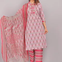 OH MI DIOS Women Geometric Printed Regular Pure Cotton Kurta With Trousers & Dupatta image 1