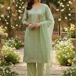 AVANSHEE Women Ethnic Motifs Embroidered Regular Thread Work Chanderi Cotton Kurta with Palazzos & With-image-5