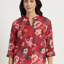 FableStreet Women Red Floral Printed Sheer Chanderi Top-picture-29