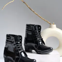 Shoetopia Black Patent Leather Lace-Up Glossy Finish Casual Boots For Women-picture-37