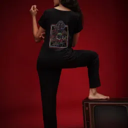 Clovia Cotton T-Shirt And Pyjama Black-image-2