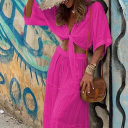 quecy Summer Fashion Two-Piece Set Deep V-Neck Top & Long Flared Skirt Rose-red Co-ord Set for Women image 3