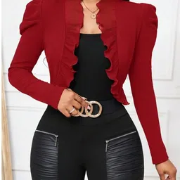 vratika Women's Open Front Ruffle Trim Jacket/Koti Long Puff Sleeves Crop, Work Office Blazer Outerwear | Tops Style Shrug | Ruffled Collar & Hem Short Jacket image 2