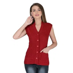 lady willington Women's V-Neck Sleeveless Cardigan - Self Design Winter Wear Pure Wool Daffodil Fabric - Free Size With Front Pockets (XL, Maroon) image 1