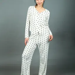 Odette Ivory Cotton Rib Polka Dots Nightsuit for Women-picture-11