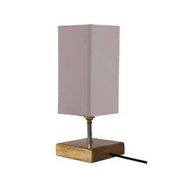 devansh Eulalia Grey Cotton Table Lamp With Square Natural Wood Base image 1
