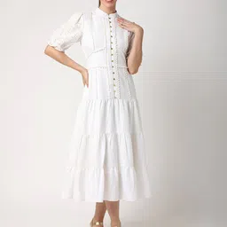BLANC9 Women Mandarin Collar Schiffli Fit & Flare Midi Dress-picture-32