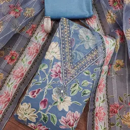 HERE&NOW Floral Printed Embroidered V-Neck Sequinned Oraganza Unstitched Dress Material-picture-38