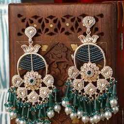 PATOLA BY VJ Gold Plated Stones Studded & Beaded Contemporary Shaped Drop Earrings-picture-28