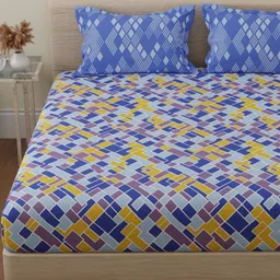 Huesland Blue & Yellow Geometric Printed 144 TC Cotton Queen Bedsheet Set 2.43 m x 2.23 m-image-65