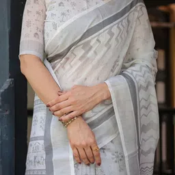 ALMAARI FASHION Ethnic Motifs Printed Pure Linen Banarasi Saree image 5