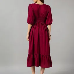 Krunal Raiyani Solid Smocked Puff Sleeves V-Neck Tiered Fit and Flare Midi Dress image 3