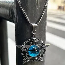 KRENOZ Men Silver-Plated Stainless Steel Stone Studded Evil Eye Pendant With Chain image 4