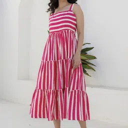 Kohsh Striped Cotton Midi Flared Ethnic Dress-picture-25