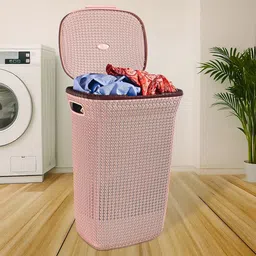Myntra Elegant Homes Rose Gold Multipurpose Plastic Laundry Basket With Lid & Handle image 4