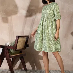 ANJIR Women Round Neck Botanical Printed Fit and Flare Dress image 3