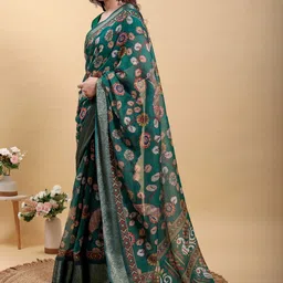 HERE&NOW Floral Zari Pure Linen Banarasi Saree image 5