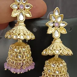 EVY Floral Gold-Plated Kundan Studded & Artificial Beaded Dome Shaped Jhumkas-image-28