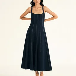 Shop Staple Women Square Neck Fit And Flare Denim Midi Dress-image-6